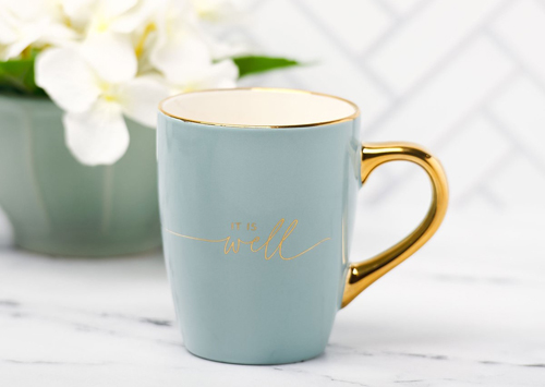 Soft Blue Gold and Ceramic Coffee Mug with Inscription "It Is Well with My Soul"