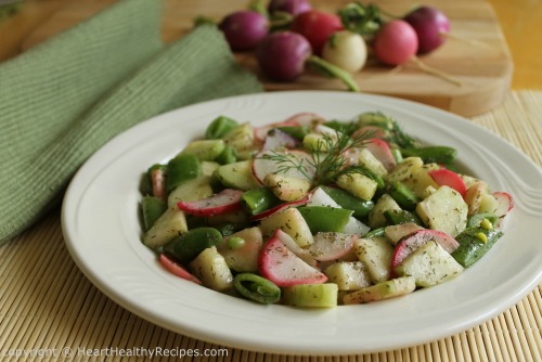 Dill radish salad with snap peas and topped with dill sprig along with multicolored radishes of pink, red, white in background.