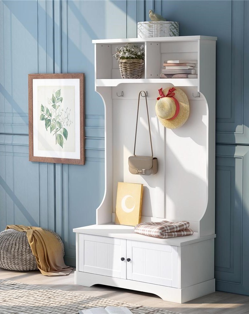 3-in-1 White Entryway Bench with Shelves
