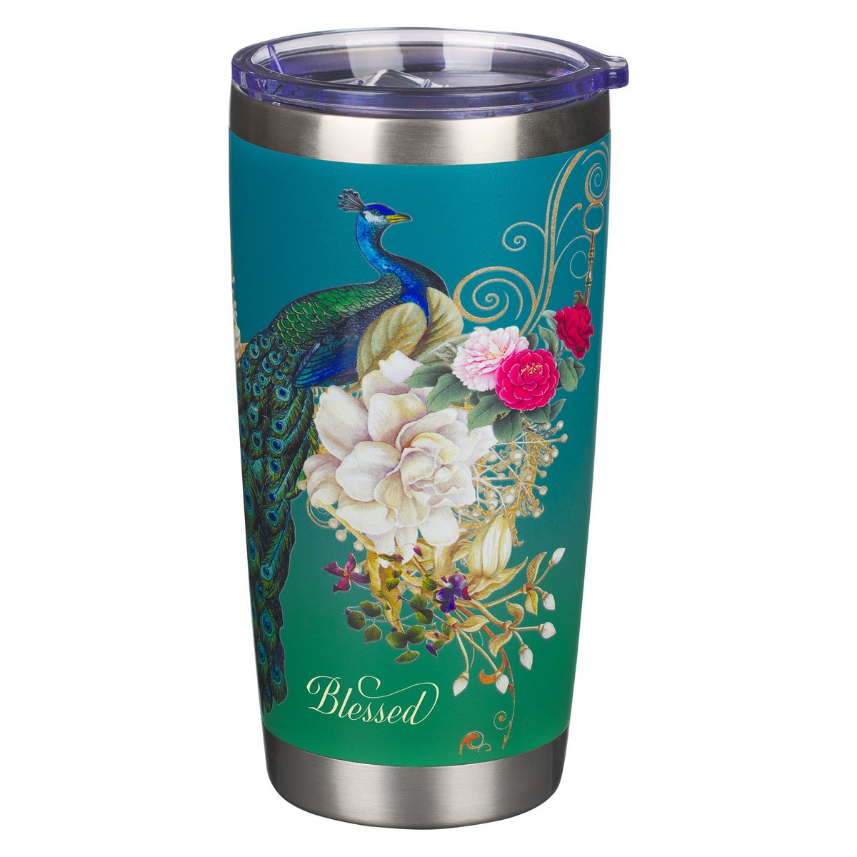 Stainless Steel Travel Tumbler with Blue Peacock Design
