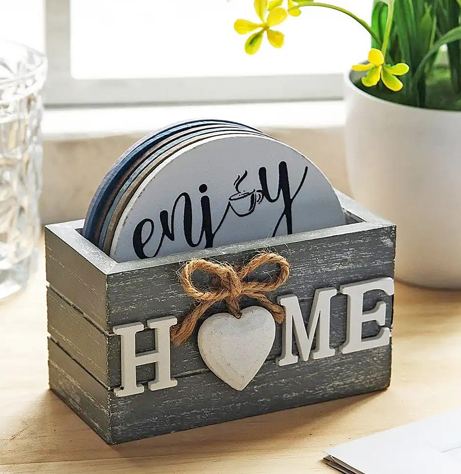 Round Set of Coasters in Box with Inscription of Home on Front