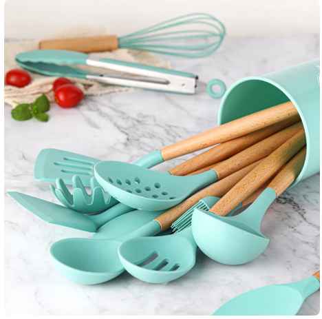 Light Green Wooden Handled Cooking Utensil Set