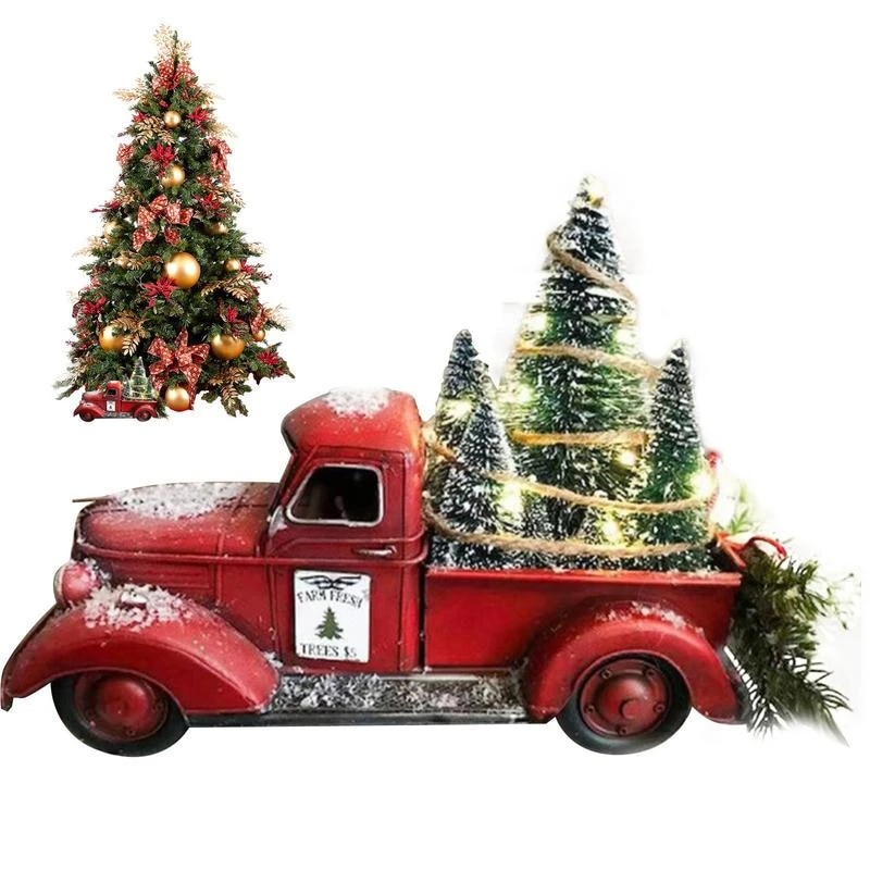 Vintage Red Pickup Truck with Christmas Trees