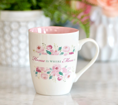 "Home Is Where Mom Is" Pink Peony Designed Ceramic Coffee Mug