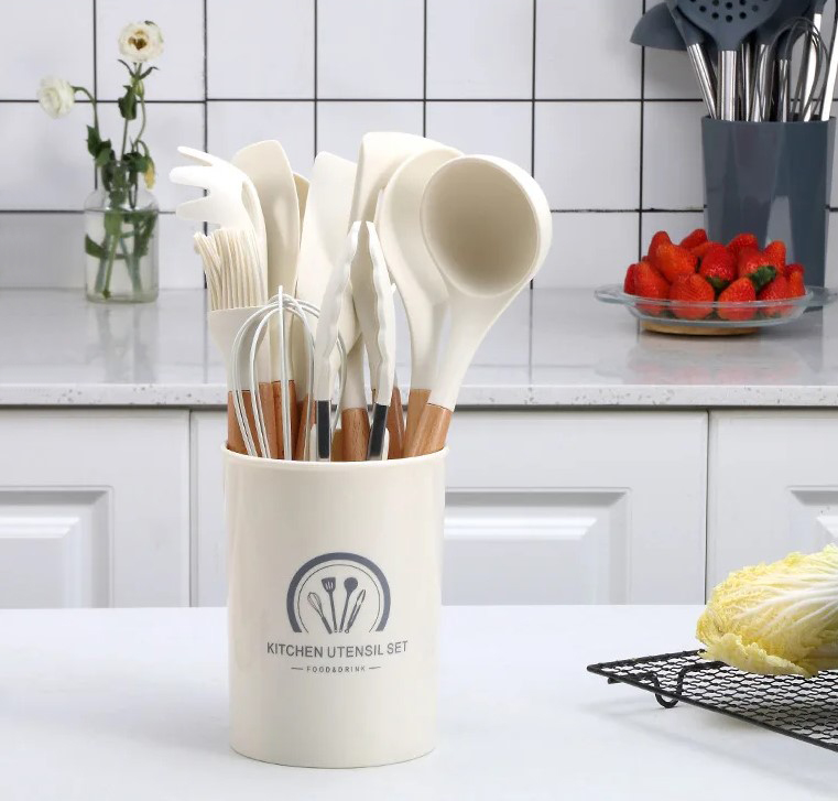 White Wood Handle 12-Piece Silicone Kitchen Utensil Set