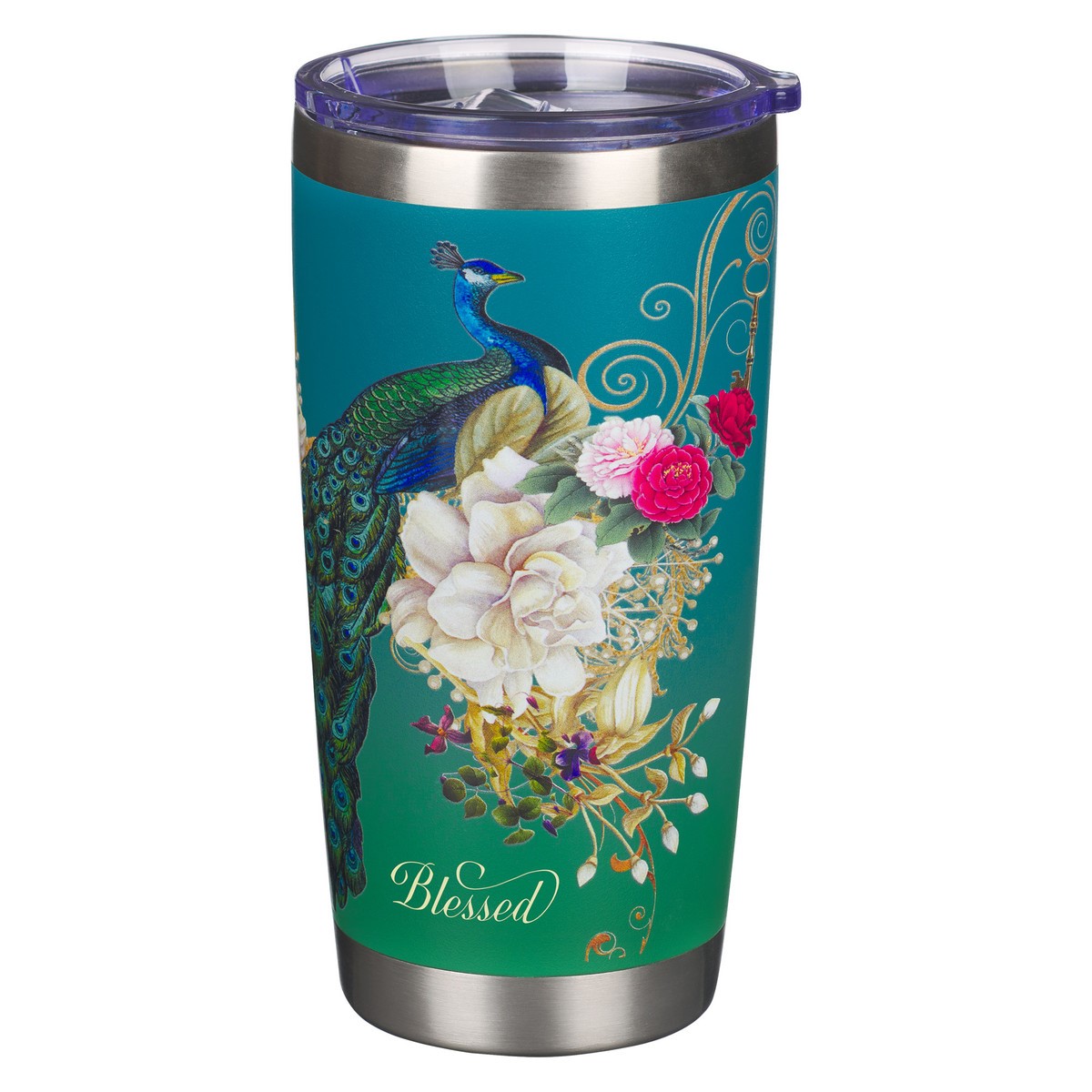 Stainless Steel Travel Tumbler with Blue Peacock Design