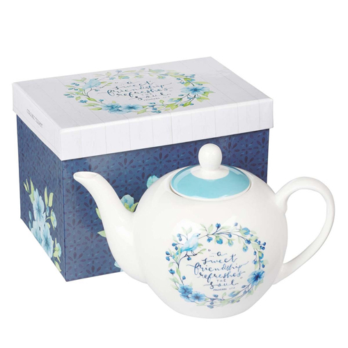 Blue Floral Wreath Design on White Ceramic Teapot with Friendship Proverb Inscription