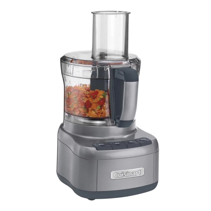 Side view of Cuisinart Elemental 8-Cup Food Processor with colorful food in processor.