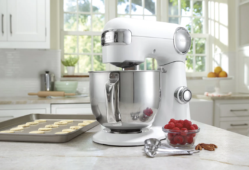 White Cuisinart Precision Master Electric Stand Mixer on countertop with red raspberries and cookie sheet.