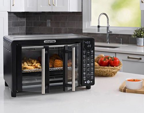 Digital French door air-fryer and toaster oven in black.