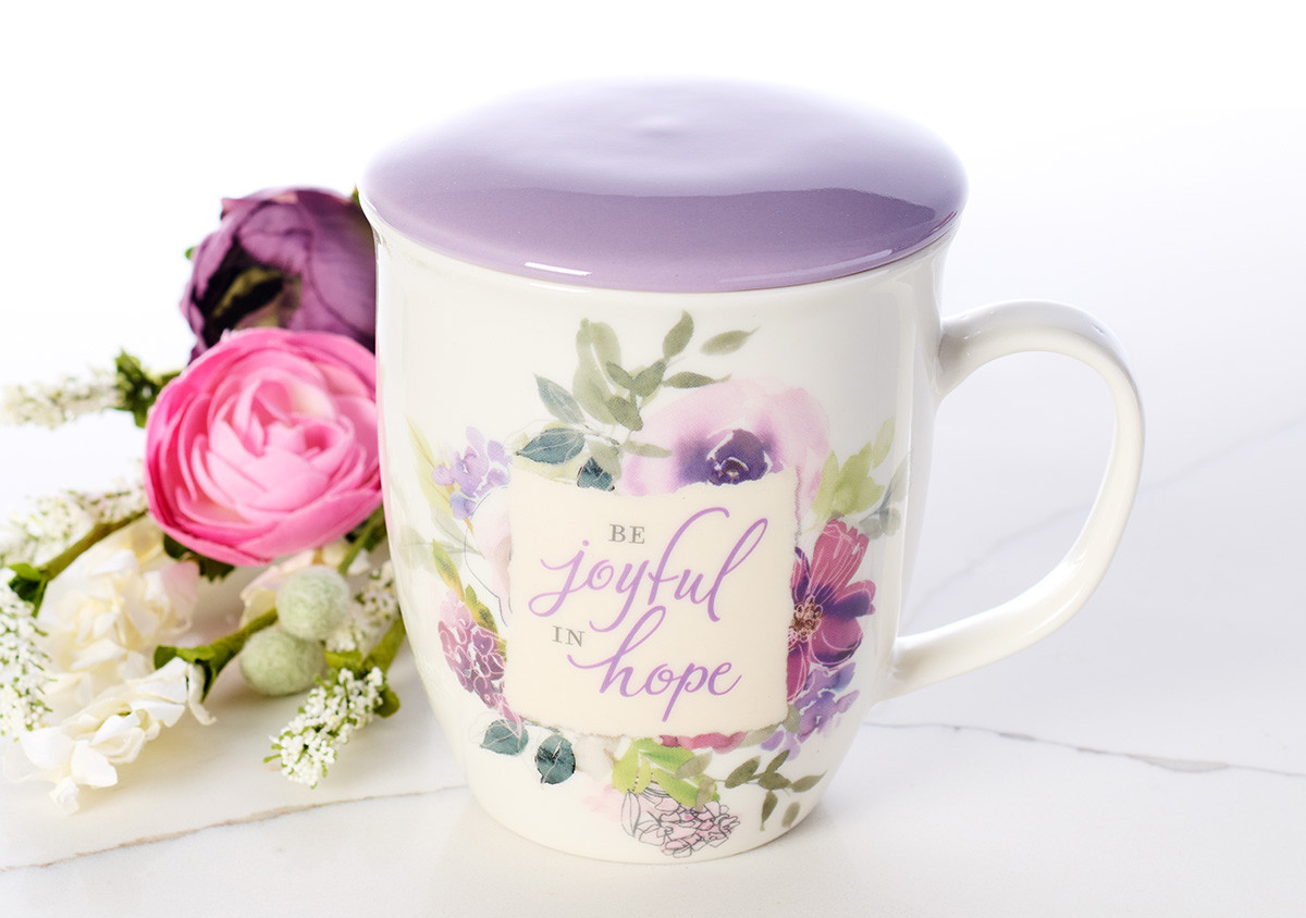 Floral Ceramic Coffee Mug with Lilac Lid Cover and Inscription of Joyful in Hope 