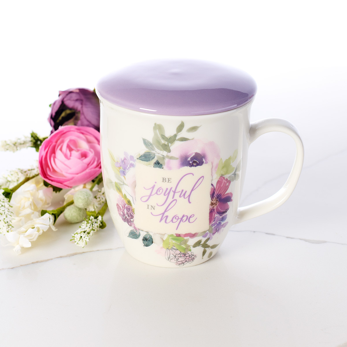 Floral Ceramic Coffee Mug with Lilac Lid Cover and Inscription of Joyful in Hope 