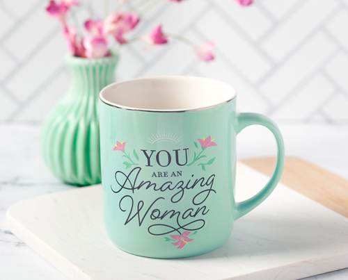 Teal Ceramic Coffee Mug with Inscription "You are an Amazing Woman"