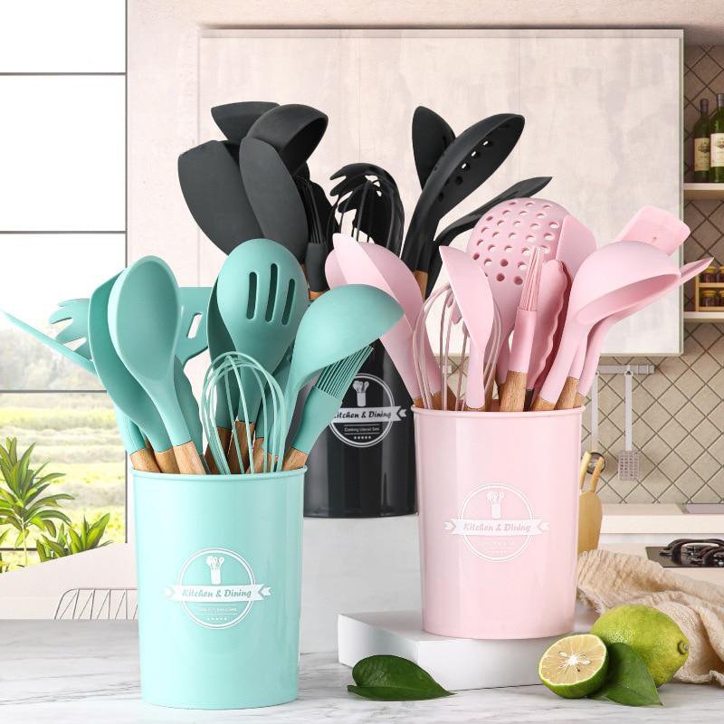 Wooden Handle 12-Piece Silicone Cooking Utensil Set